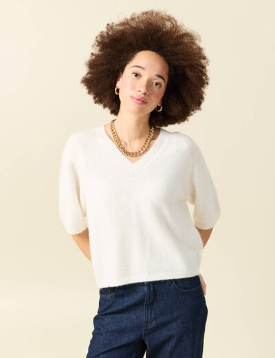 Pull col v manches 3/4 ecru femme