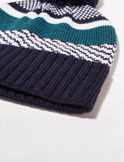 Bonnet tricoté à pompon bleu foncé homme