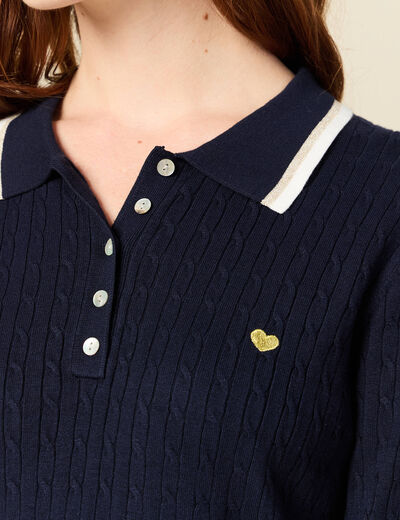 Polo avec torsade et c&oelig;ur brod&eacute; bleu marine femme
