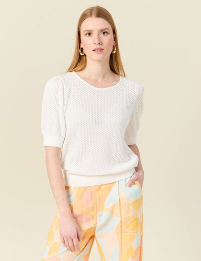 Pull manches courtes ajouré creme femme