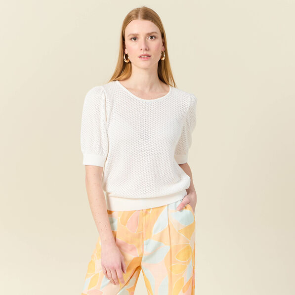 pull manches courtes ajoure creme femme Pull manches courtes ajouré creme femme