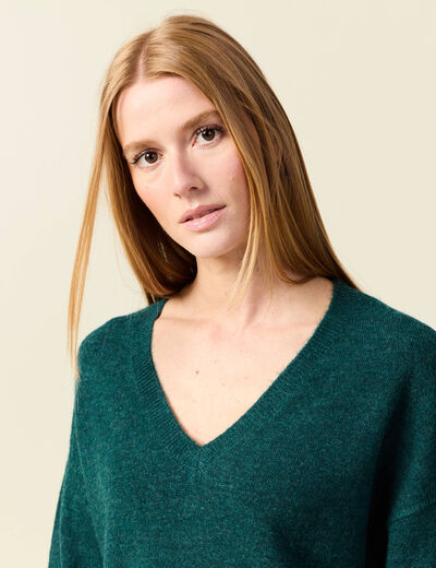 Pull manches longues col en V vert fonc&eacute; femme