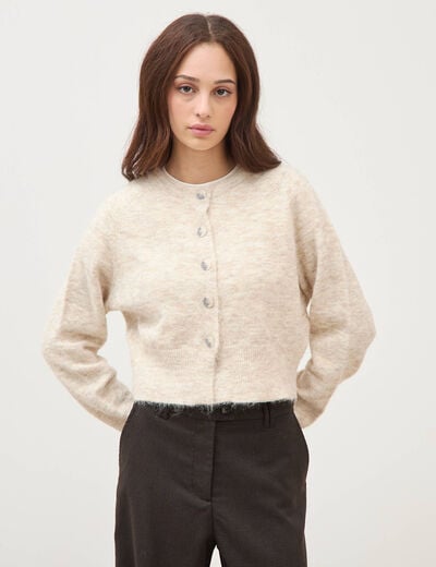 Gilet manches longues col rond creme femme