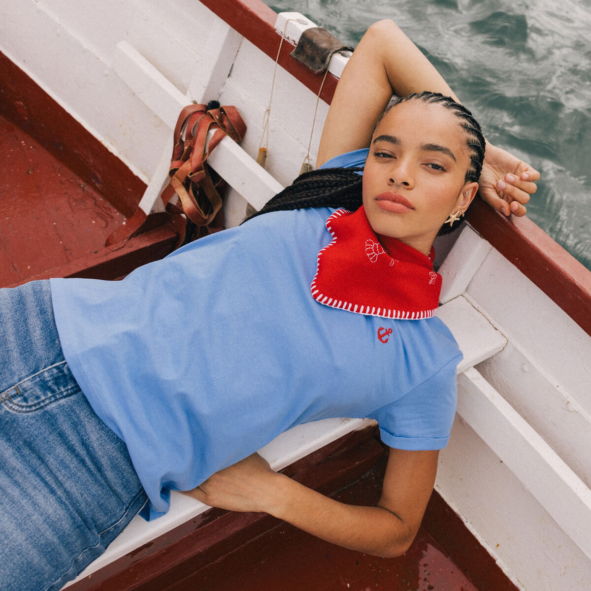 T-shirt droit col rond manches courtes bleu clair femme