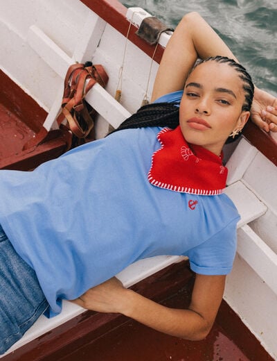 T-shirt droit col rond manches courtes bleu clair femme