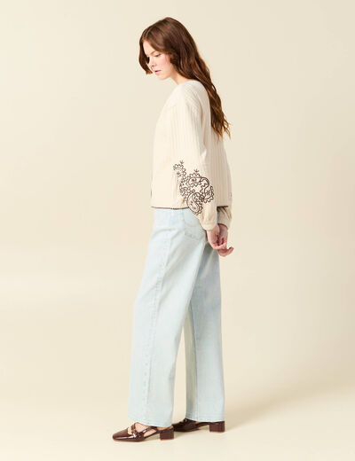 Cardigan droit court col rond brod&eacute; ivoire femme