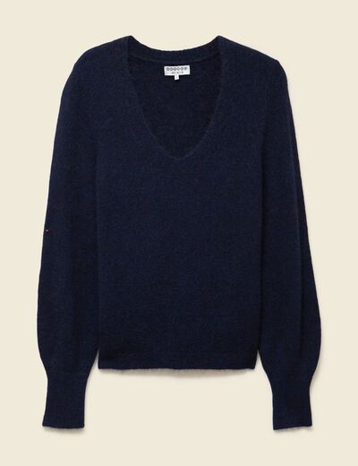 Pull col V manches longues bleu marine femme