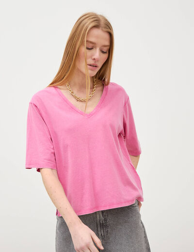 T-shirt col v manches courtes en coton rose framboise femme