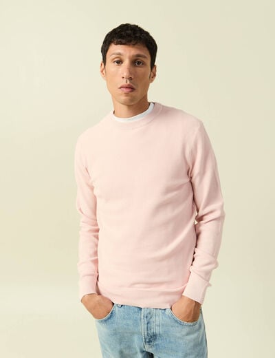 Pull fin col rond manches longues rose poudr&eacute;e homme