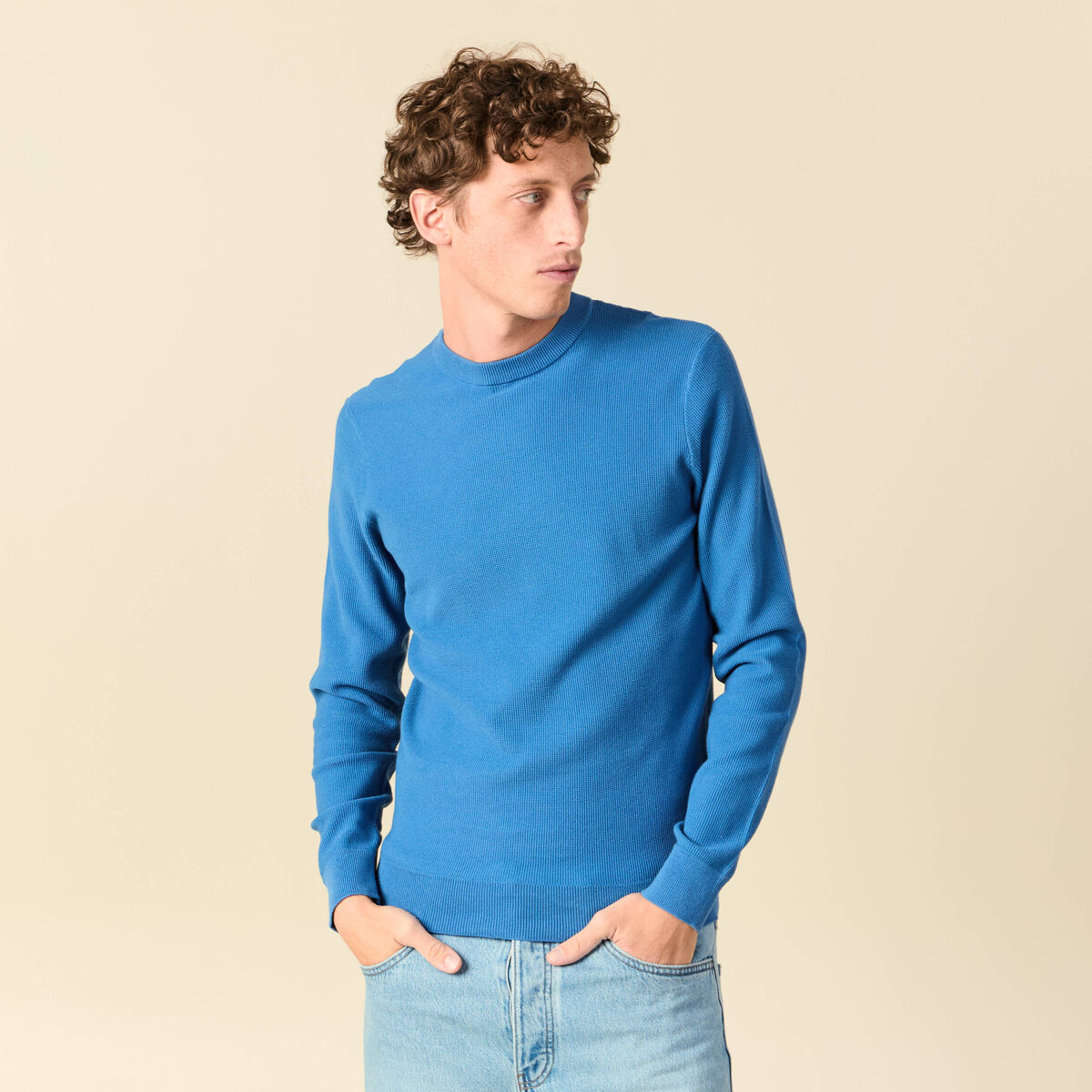 Pull fin col rond manches longues bleu fonc&eacute; homme