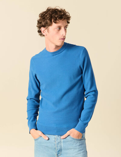 Pull fin col rond manches longues bleu fonc&eacute; homme