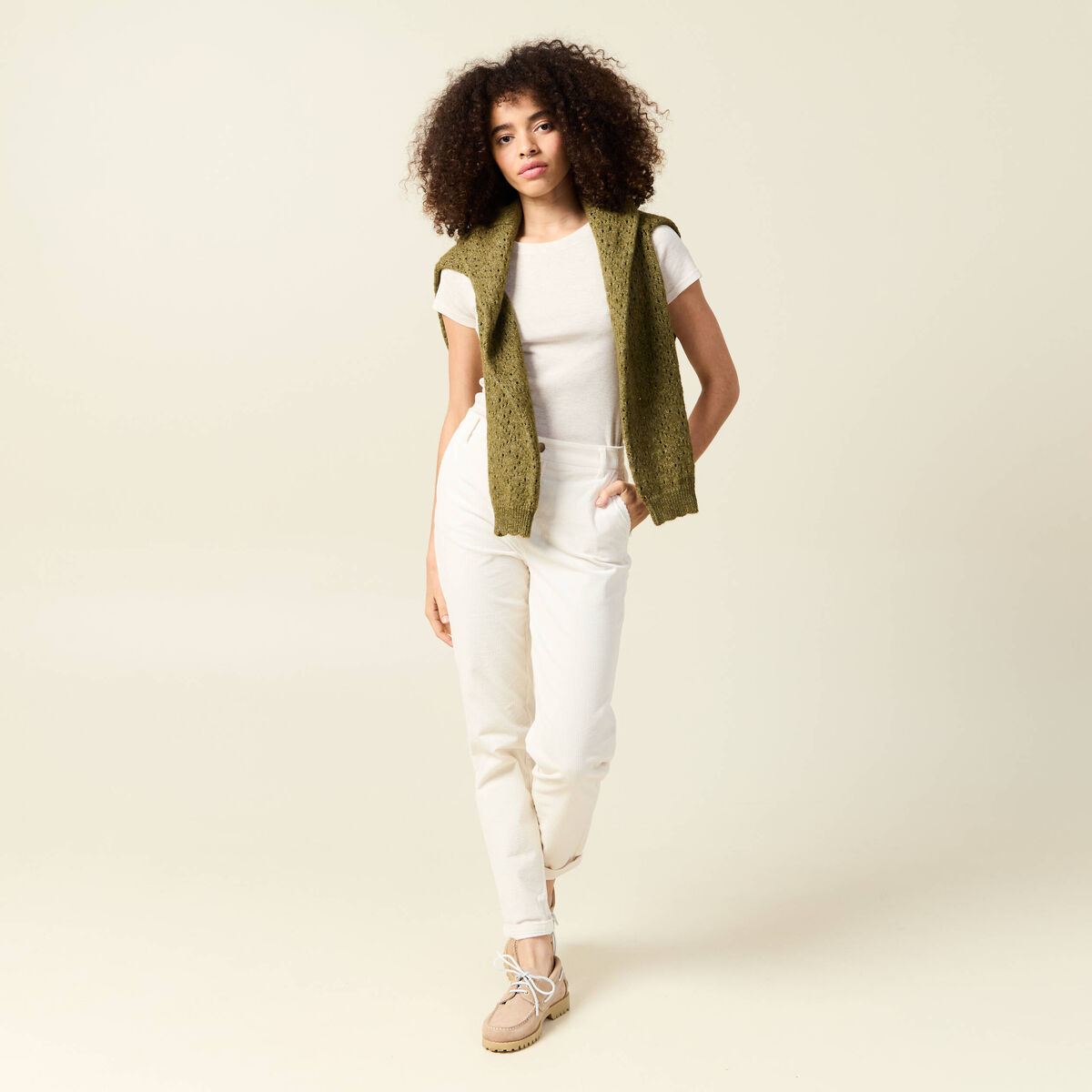 Pantalon large 7/8&egrave;me taille haute ecru femme