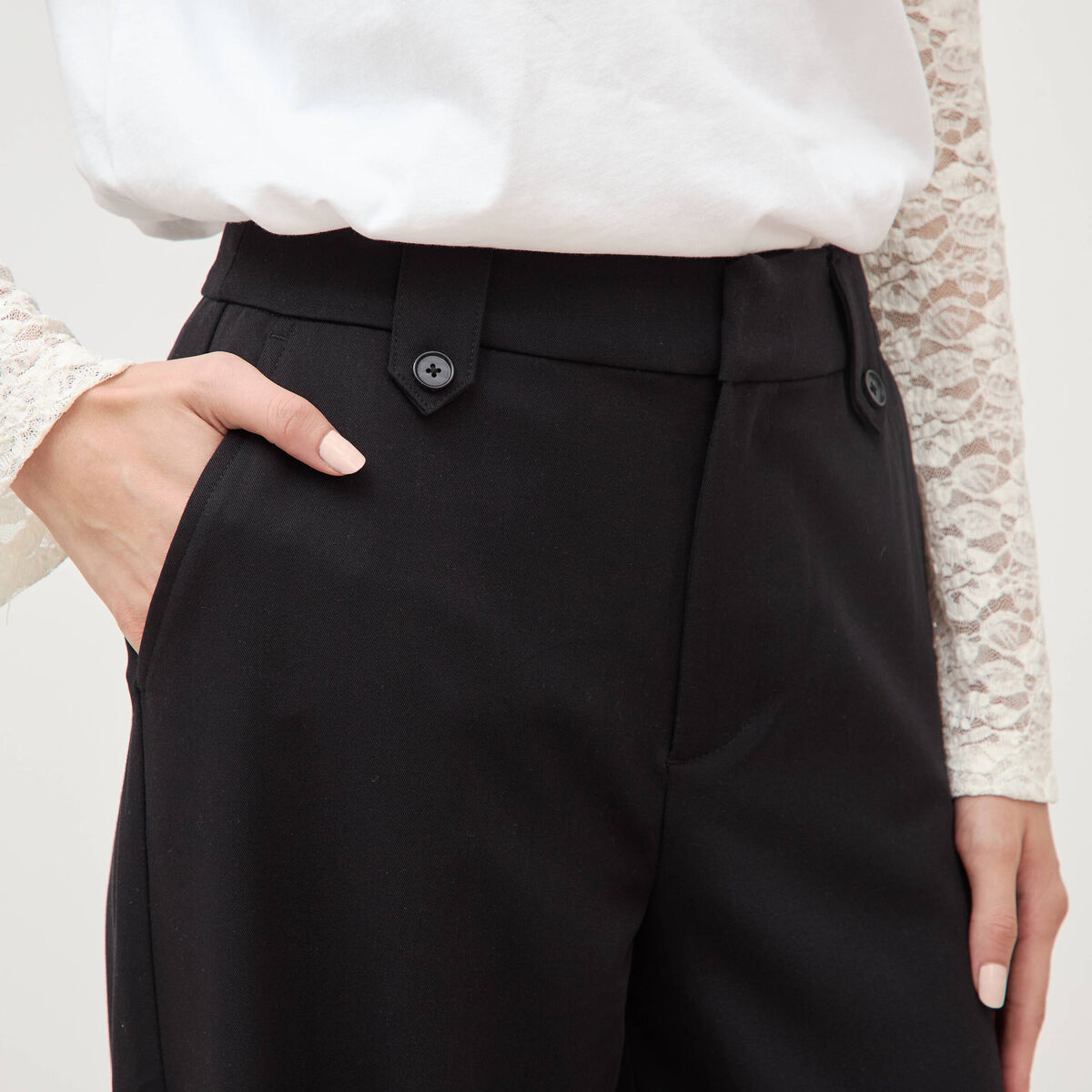 Pantalon large taille haute fluide noir femme