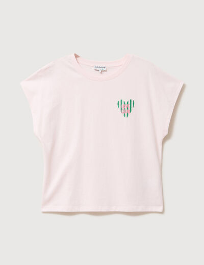 T-shirt droit col rond manches courtes rose poudr&eacute;e femme
