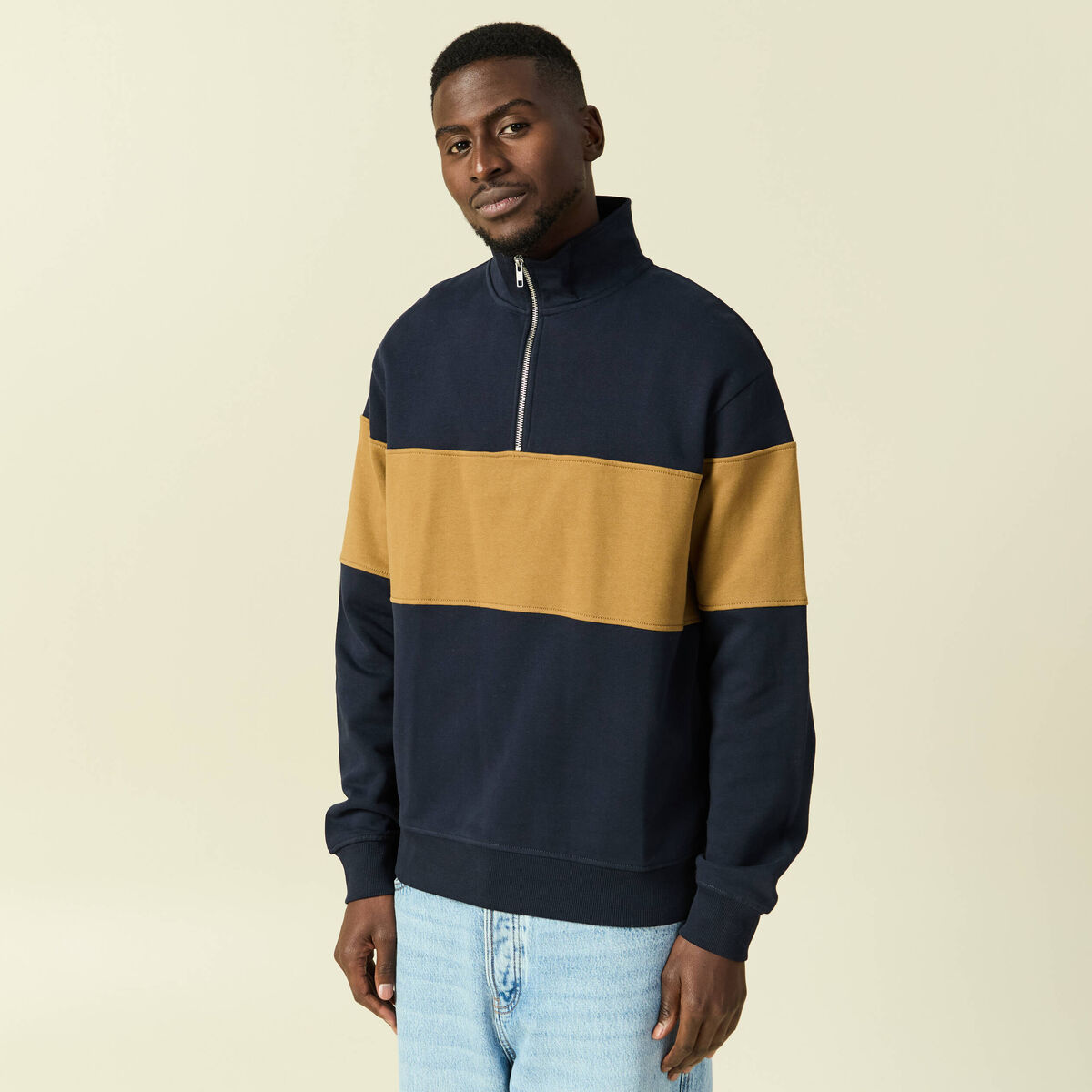 Sweat col montant manches longues bleu marine homme