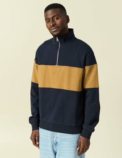 Sweat col montant manches longues bleu marine homme