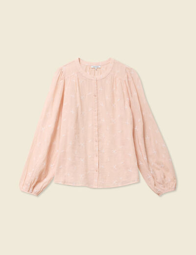 Blouse manches longues brodée rose poudrée femme