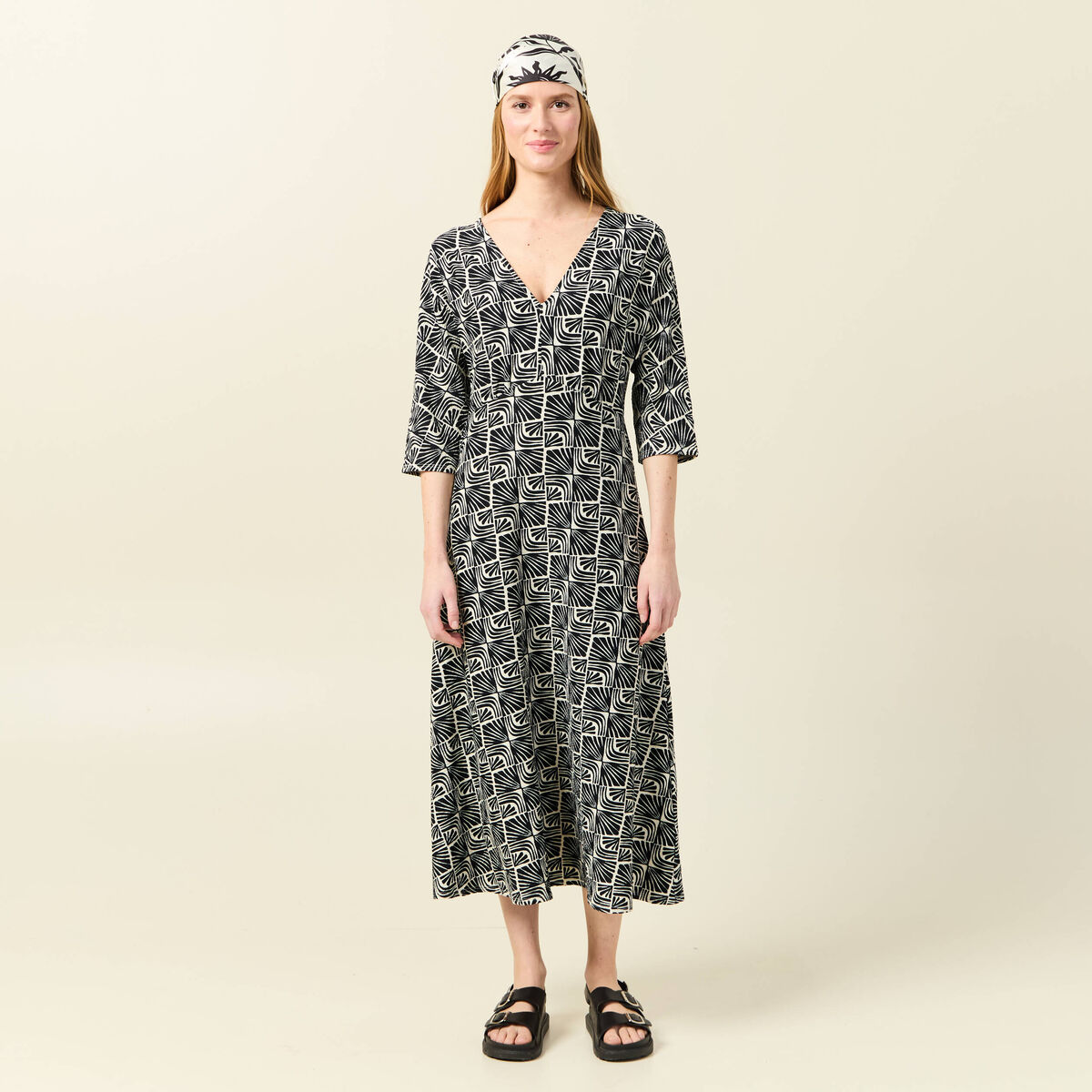 Robe midi droite manches 3/4 creme femme