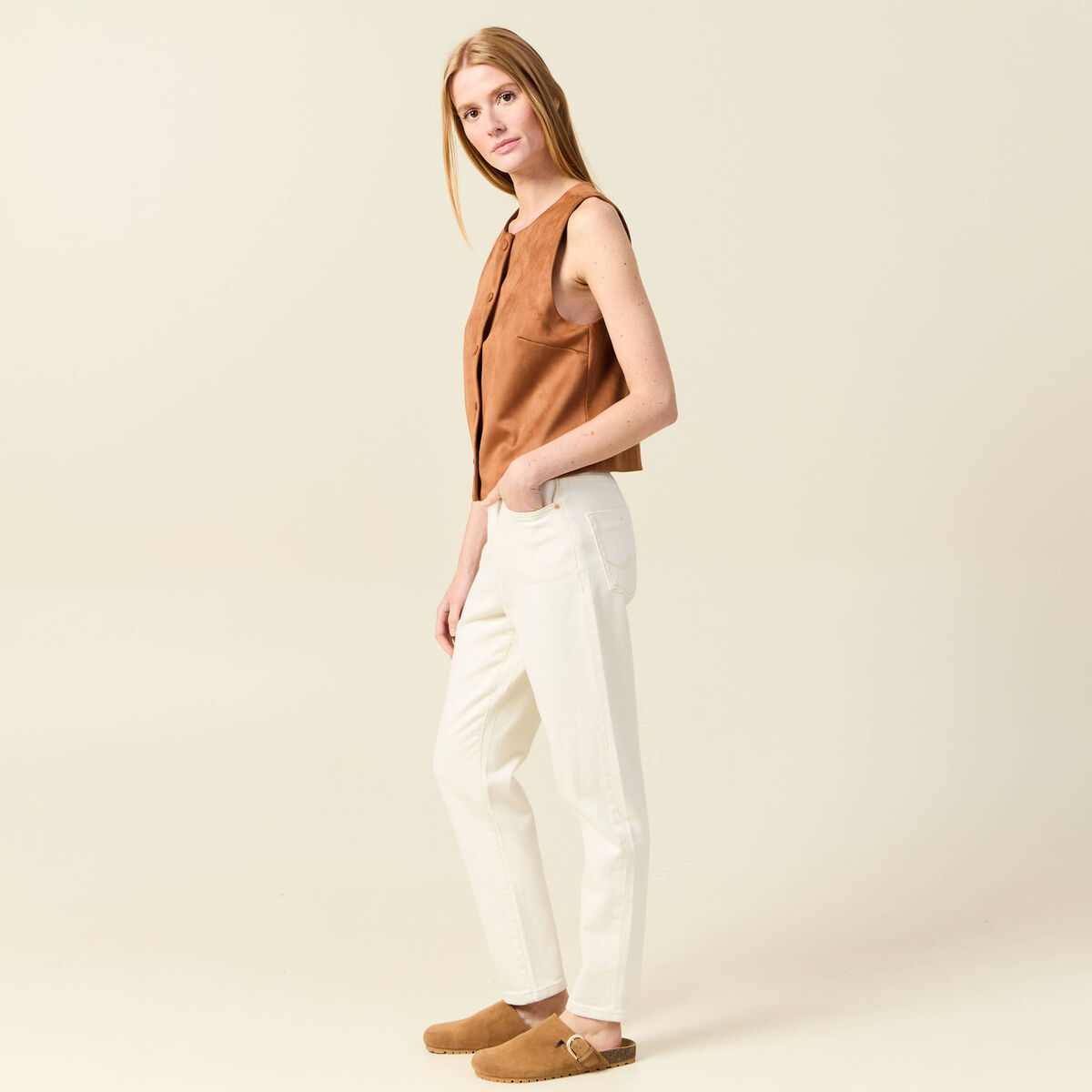 Gilet sans manches doublé camel femme