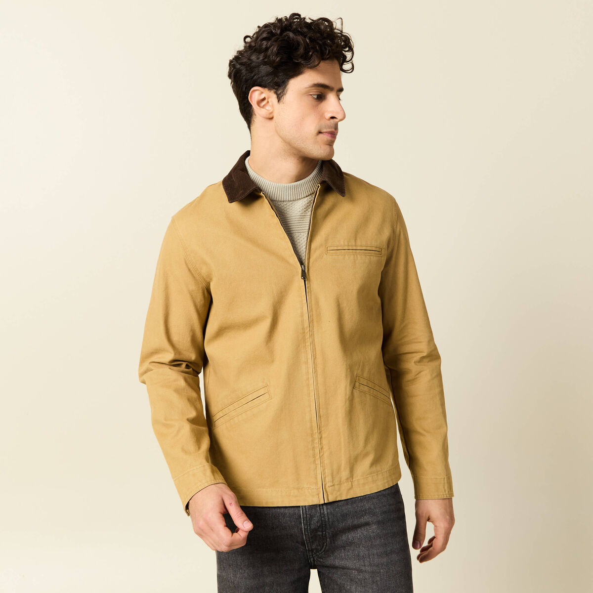 Veste zippée col velours camel homme