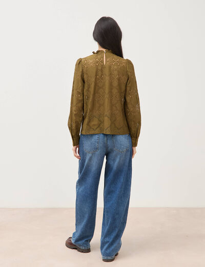 Blouse cintr&eacute;e dentelle manches longues vert olive femme