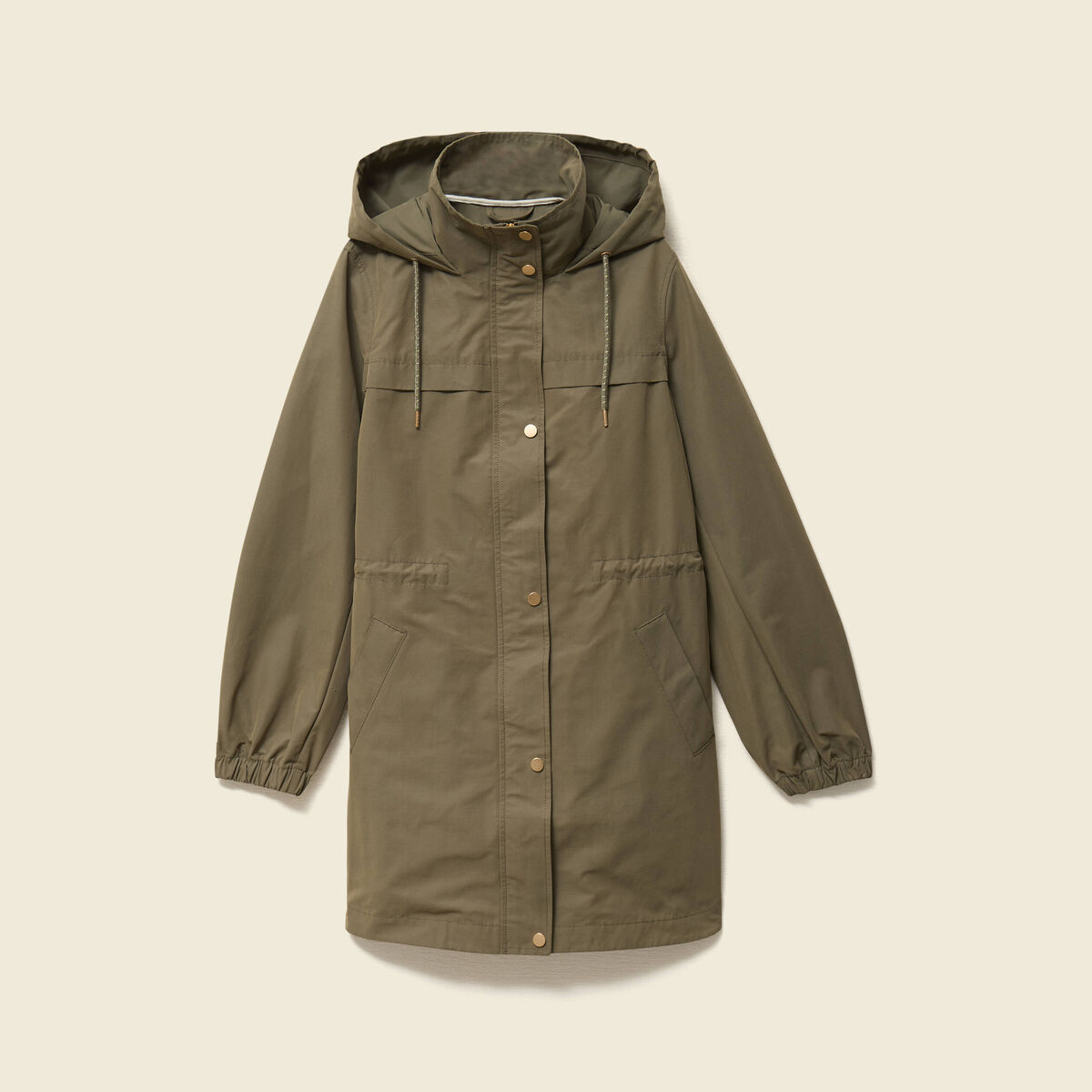 Parka longue droite d&eacute;perlante &agrave; capuche vert kaki femme