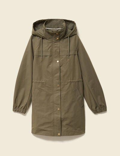 Parka longue droite d&eacute;perlante &agrave; capuche vert kaki femme