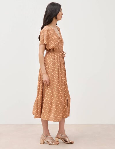 Robe fluide col v manches courtes marron clair femme