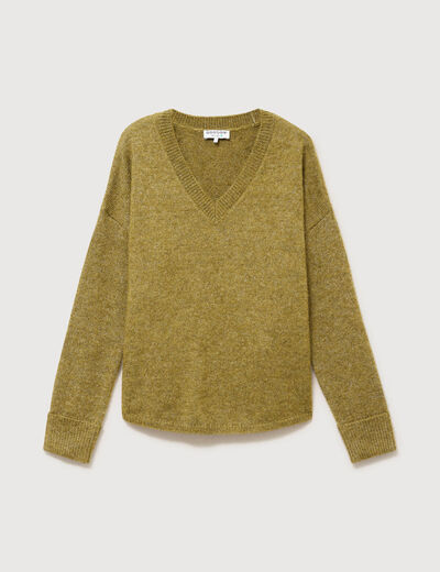 Pull droit col v manches longues vert kaki femme