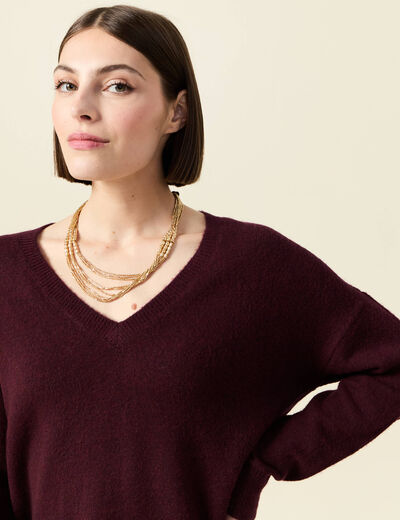 Pull manches longues col en V prune femme