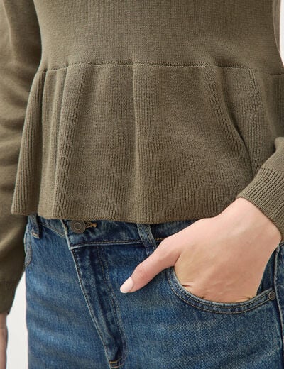 Pull col rond manches longues vert kaki femme