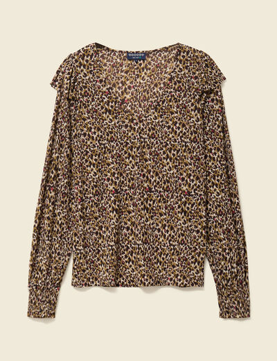 T-shirt col V manches longues taupe femme