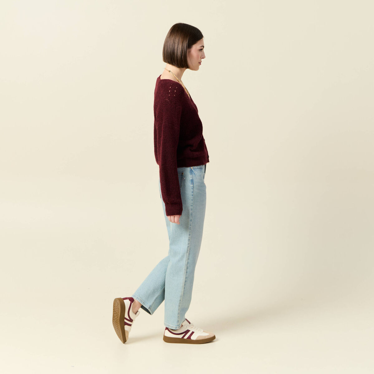 Gilet ajouré col V manches longues bordeaux femme