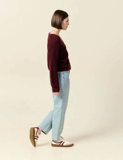 Gilet ajouré col V manches longues bordeaux femme
