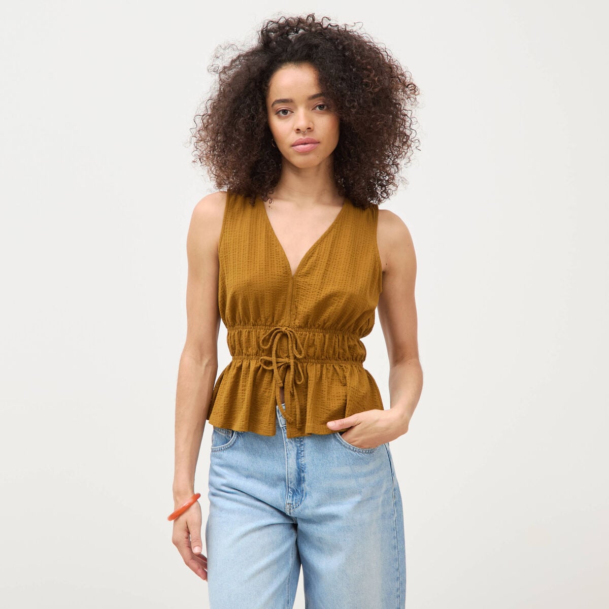 D&eacute;bardeur col v n&oelig;uds en coton vert olive femme