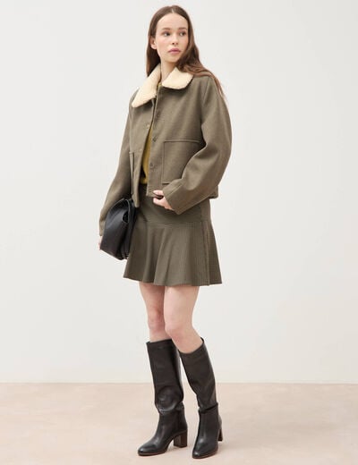 Blouson court oversize col sherpa vert kaki femme