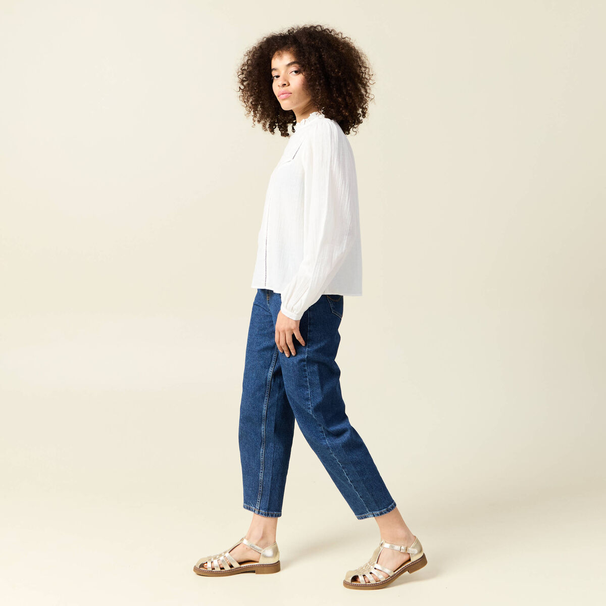 Chemise manches longues brod&eacute;e ecru femme