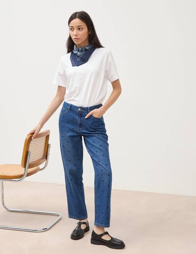 Jeans straight taille haute broderie bleu clair femme