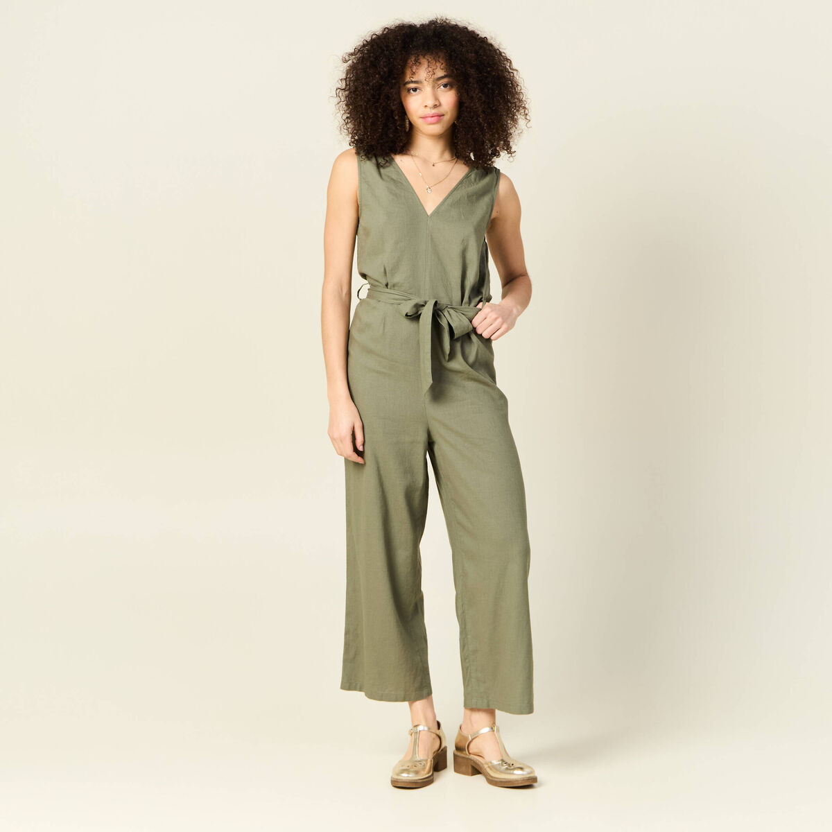 Combinaison salopette fines bretelles vert kaki femme