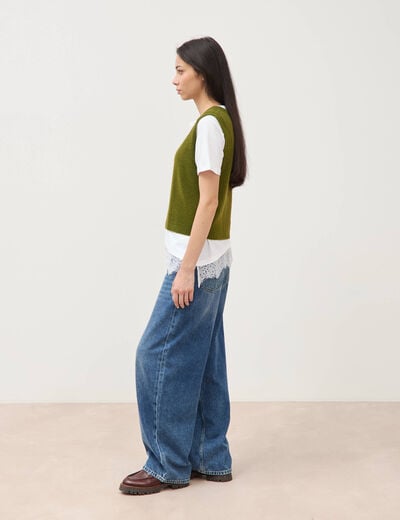 Pull sans manches col en V vert kaki femme