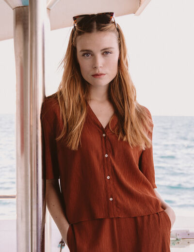 Blouse manches courtes fluide marron femme