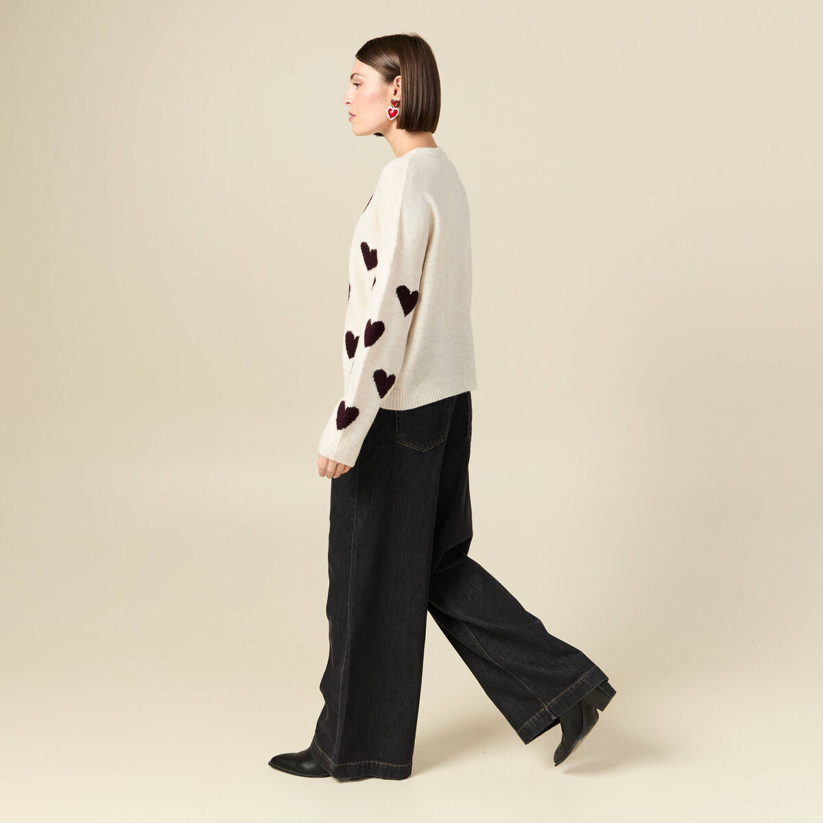 Pull manches longues bouclette col rond prune femme