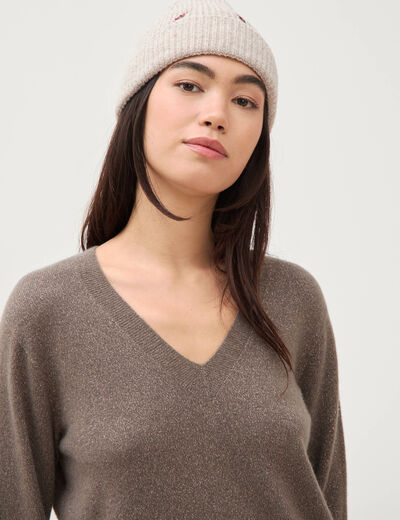 Pull droit col v manches longues taupe femme