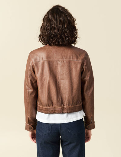 Bomber ajust&eacute; similicuir col tailleur marron femme