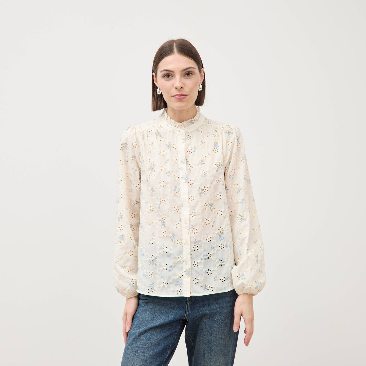 Chemise manches longues col mao bleu femme
