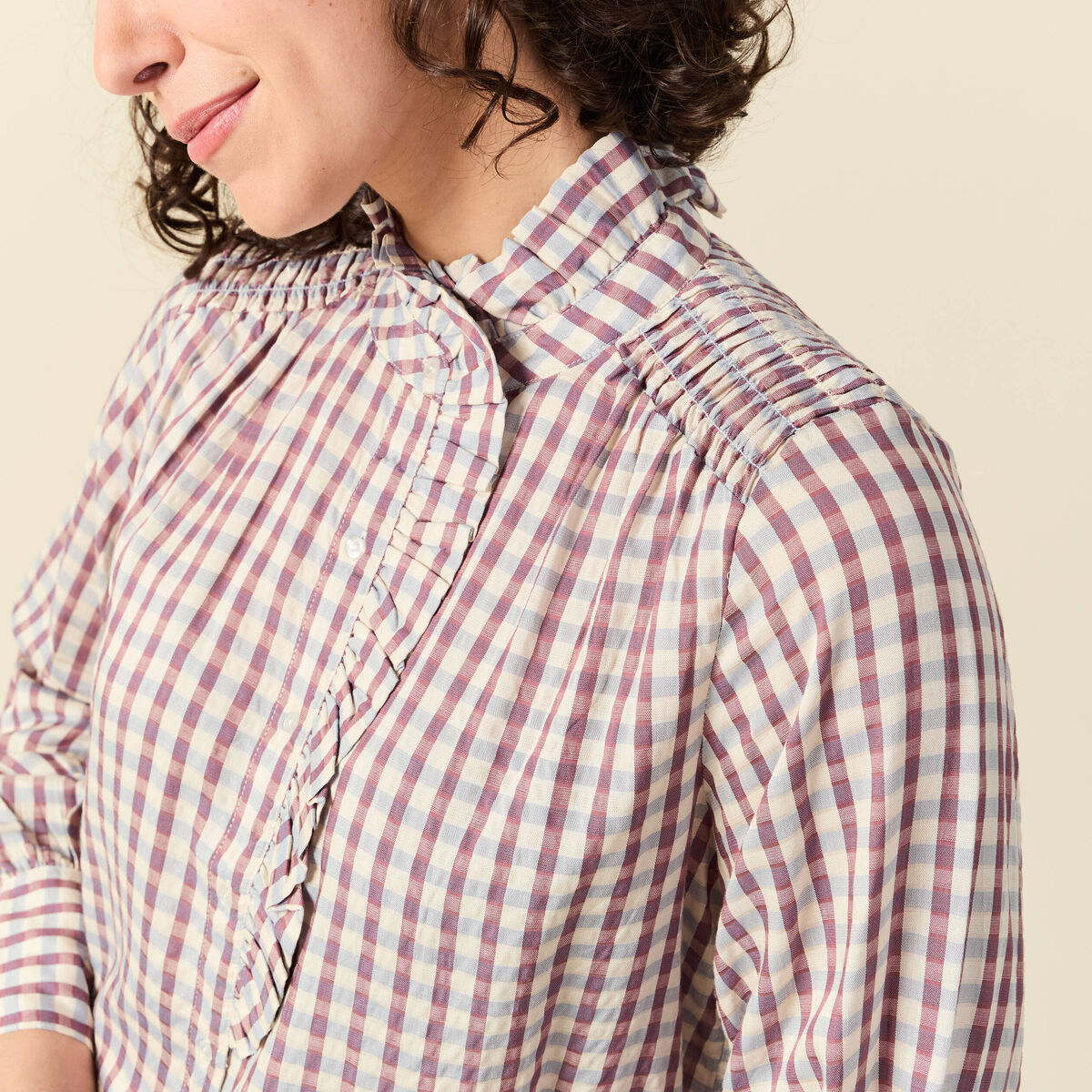 Chemise manches longues col montant marron cognac femme