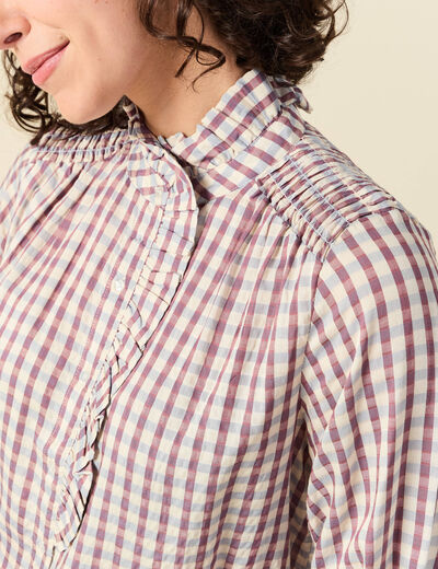 Chemise manches longues col montant marron cognac femme