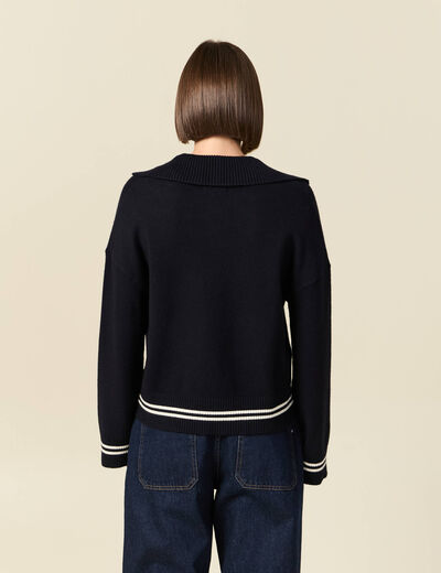 Pull col polo manches longues bleu marine femme