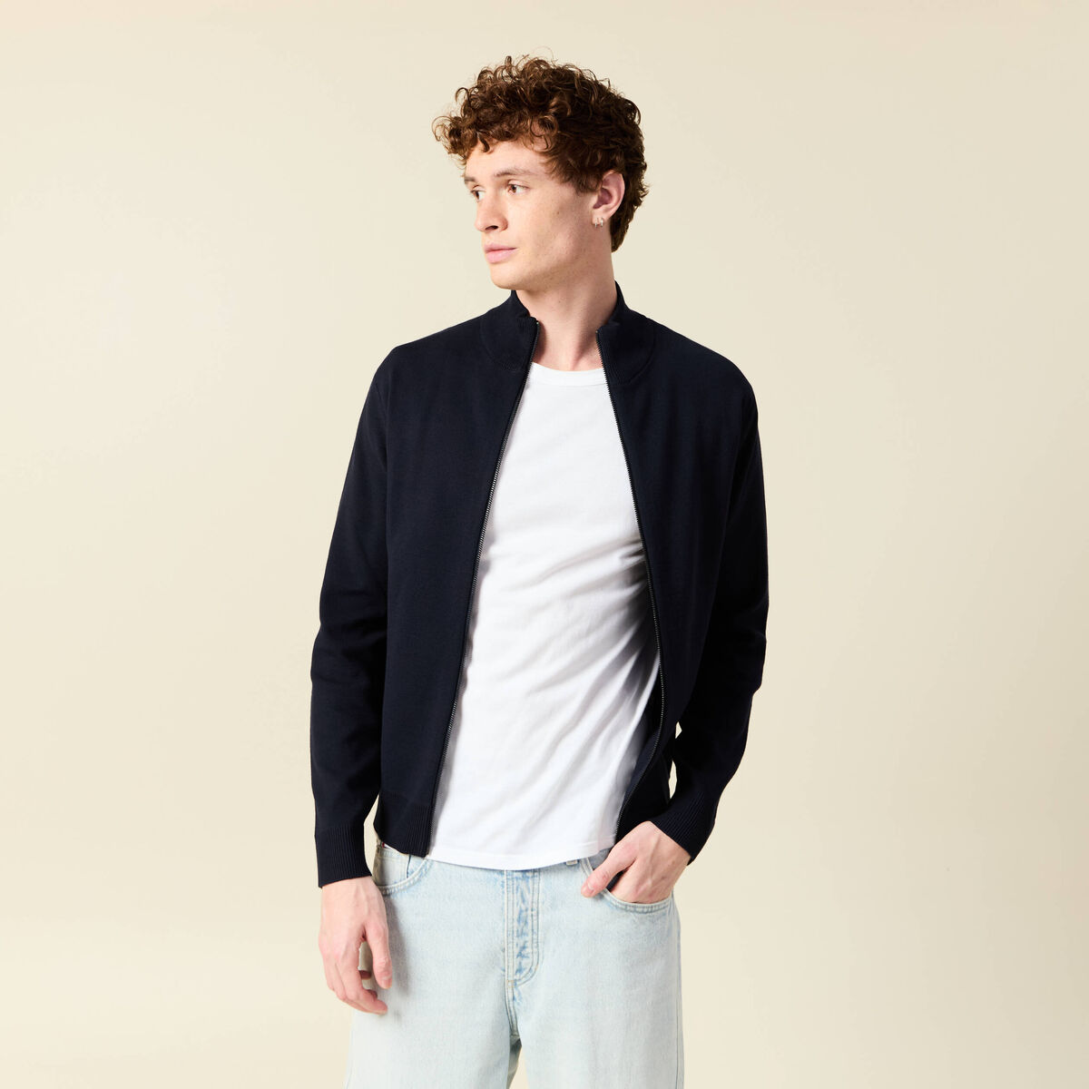 Gilet manches longues zipp&eacute; bleu marine homme