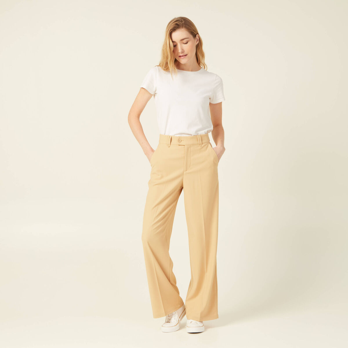 Pantalon city large à pinces beige femme